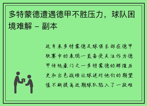 多特蒙德遭遇德甲不胜压力，球队困境难解 - 副本